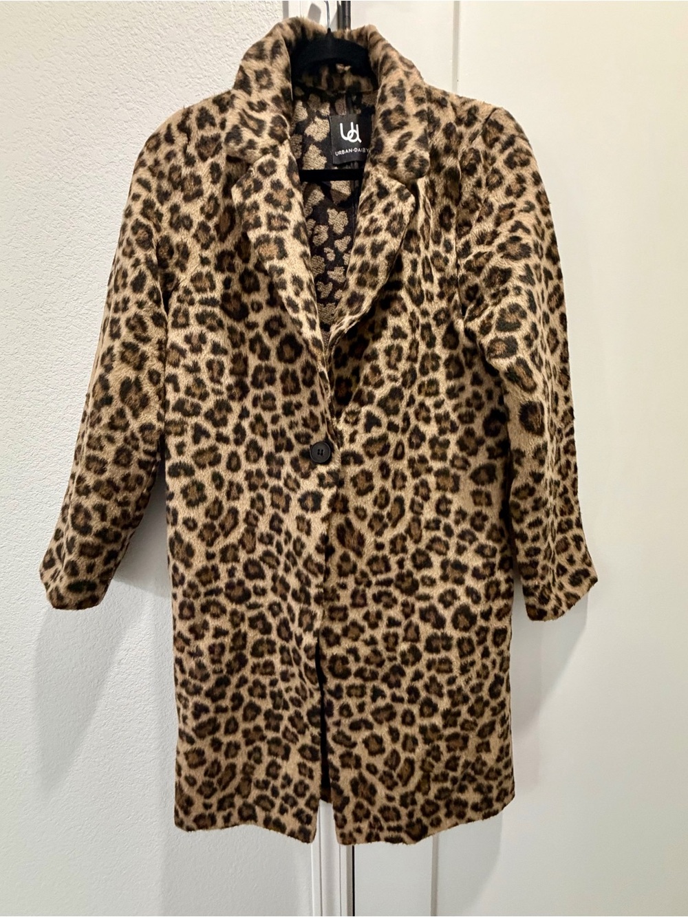Urban Daizy Leopard Animal Print Faux Fur Tan Brown Black Pea Coat Jacket Small